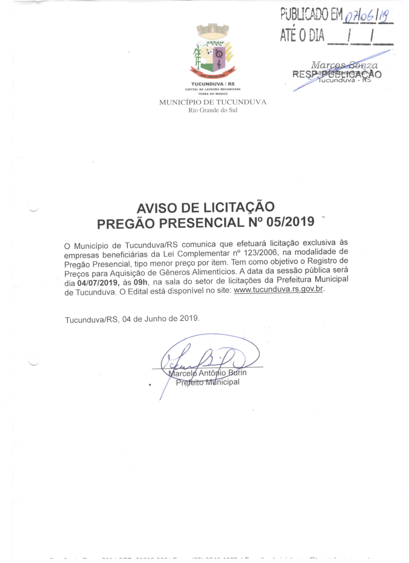 AVISO DE LICITAÇÃO PREGÃO PRESENCIAL Nº 05/2019